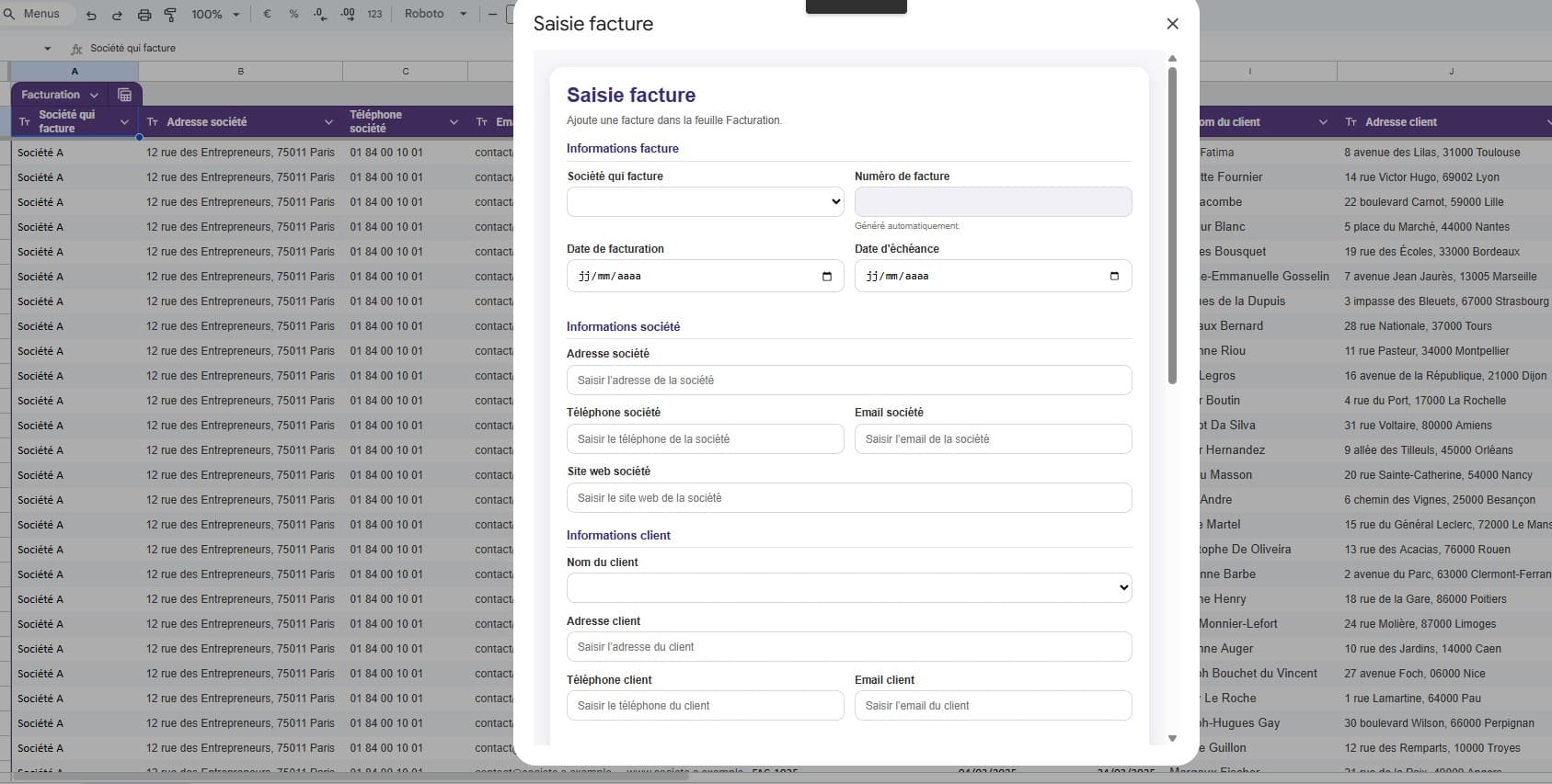 Aperçu de la solution Google Sheets Facturation